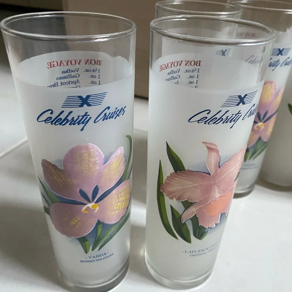 Set of 7 Vintage Celebrity Cruises Orchid Frosted Cocktail Glasses
